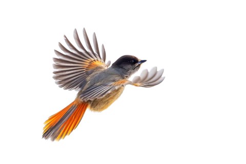 Siberian jay (Perisoreus infaustus, Corvus infaustus) flying against white background, Scandinavia