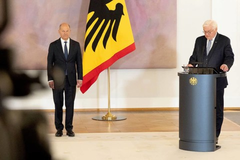 Berlin, Germany - 25 March 2025: Chancellor Olaf Scholz (L) and Federal President Frank-Walter