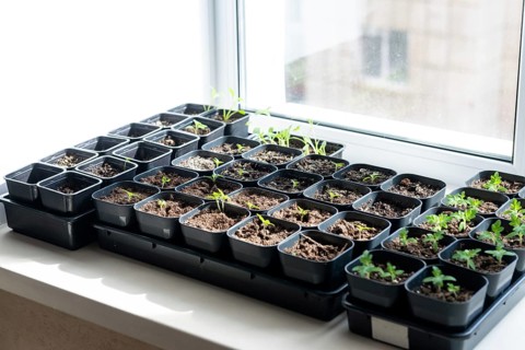 A variety of tomato seedlings in black plastic pots on a sunny windowsill. The sunlight helps them