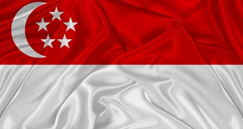 Close up of flag of Singapore with cloth texture. Realistic Singapore flag waving