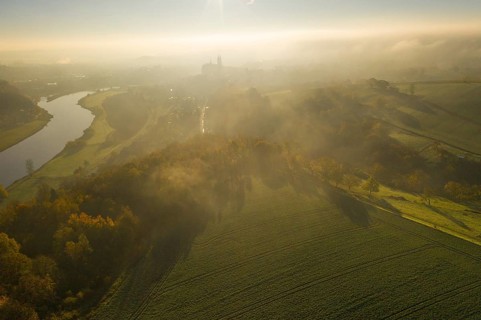 Aerial view in morning fog, Elbe valley with Albrechtsburg Meißen, Saxony, Germany