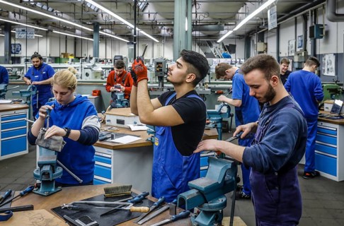Remscheid, North Rhine-Westphalia, Germany - Trainees in the metalworking trades here during basic