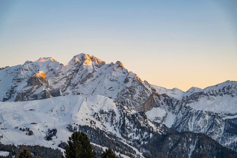Beautiful landscape of the Mountain silhouettes of the Sexten Dolomites on a sunny winter day,