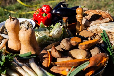 Fresh vegetables and ingredients prepared for a traditional Catalan outdoor feast. The vibrant