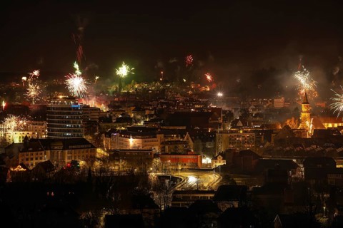 The Staufer town of Göppingen in Baden-Württemberg with New Year's Eve fireworks 2023. View of
