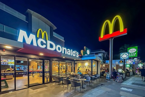McDonald's fast food restaurant at night, exterior shot with logo. Patong, Kathu, Phuket Island,