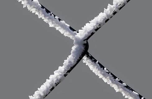 A chain-link fence with hoarfrost