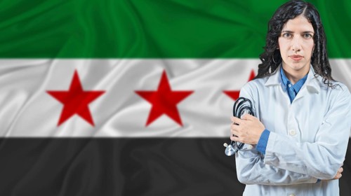 Syrian national health system, Medical professional on Syria flag background