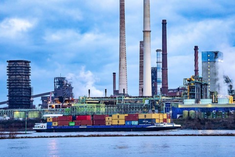 Shipping traffic on the Rhine near Duisburg-Bruckhausen, industrial setting of the ThyssenKrupp