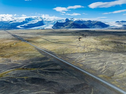 Ringroad no. 1 crossing the glacial floodplains of the Vatnajökull glacier, aerial view, Iceland