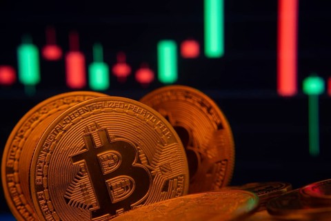 Bitcoin coins with a financial chart depicting market trends and trading activity