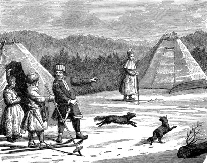 Village and inhabitants of the Lapp people, Norway, illustration from 1870, historical, digital