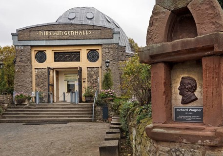 Nibelungenhalle with relief by Richard Wagner, Königswinter, North Rhine-Westphalia, Germany