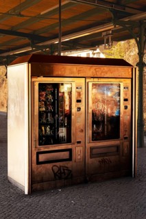 S-Bahn platform with dirty vending machine at Lichterfelde West station, Berlin, Germany