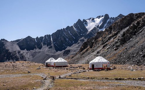 Yurts in the high valley, Keldike Valley on the way to the Ala Kul Pass, Tien Shan Mountains,