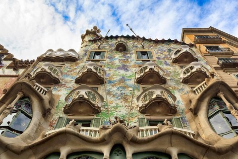 Artistically designed façade, balconies, Casa Batllo, view from below, Passeig de Gracia,