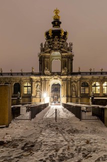 Old town in the snow, crown gate of the Zwinger at night, Dresden, Saxony, Germany