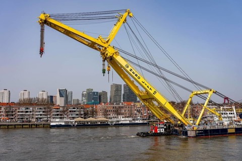 The Hebo Lift 10, supposedly the strongest crane ship in Europe, sails from the Rotterdam inland