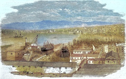 Port and town of Castellamare in the Gulf of Naples, in 1869, Italy, Historic, digitally restored