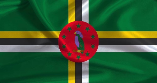Dominica flag with cloth textured background. National flag of Dominica with realistic texture