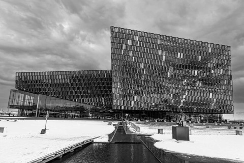 Façade of the Harpa Concert Hall and Congress Centre, black and white photo, Reykjavik, Reykjanes