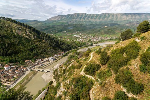 View of Gorica bridge crossing the River Osumi, Berat, Albania
