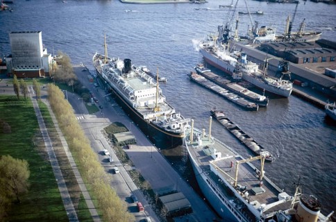 Ships at the quays Mullerpier and Parkhaven, Delfshaven, Rotterdam, Netherlands by Euromast 1971
