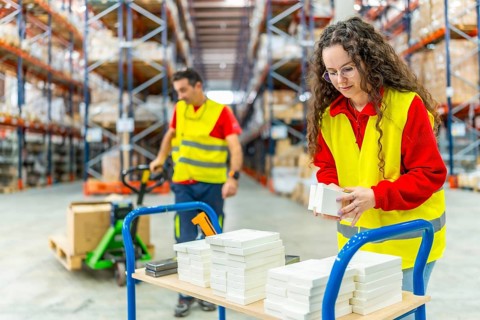 Two male and females caucasian workers arranging packages in a storage warehouse and transporting