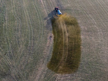 Tractor, slurry tank, manure, agriculture, aerial view, foothills of the Alps, Bavaria, Germany