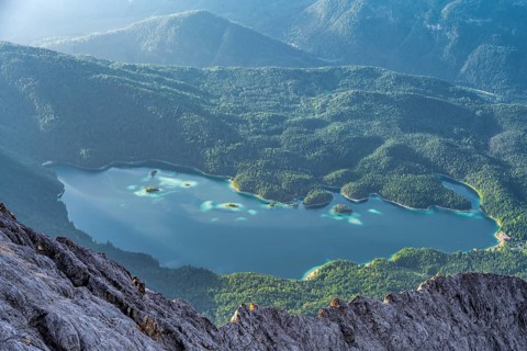 Steep rocky ridge, view from the summit of the Zugspitze to Eibsee lake, Wetterstein Mountains,