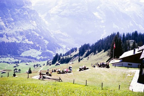 Alpine viewpoint picnic landscape mountain view, Bernese Alps, Switzerland, Europe, 1963 probably