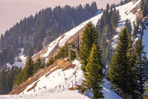 Snowy area with trees and rocks along a mountain trail, Hochgrat Mountains, Allgäu Alps, Oberreute,