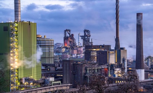 Panorama of the Thyssenkrupp Steel steelworks in Duisburg-Bruckhausen, in front the gas-fired power