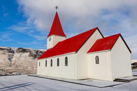 Víkurkirkja, Vík í Mýrdal church, snow, winter, Vik, Iceland, Scandinavia