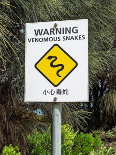 A warning sign indicating the presence of venomous snakes in a wooded area. The sign features snake