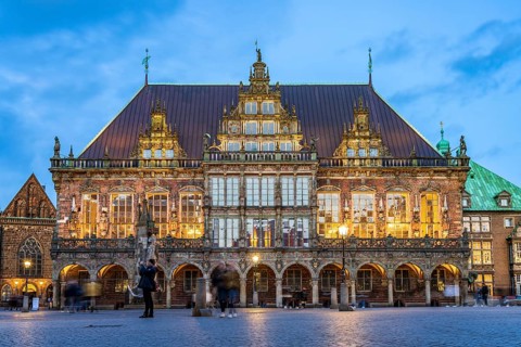 Bremen Town Hall at dusk, Free Hanseatic City of Bremen, Germany