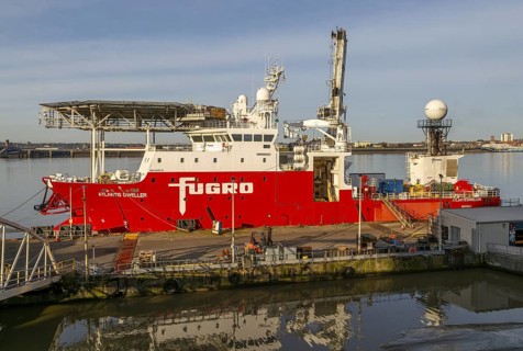 Fugro Atlantis Dweller ship built 2009 offshore supply vessel at quayside, River Mersey, Liverpool,