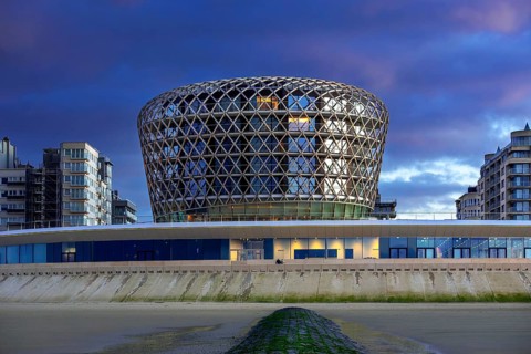 SILT casino, hotel and restaurant in seaside resort Middelkerke seen from beach along the North Sea