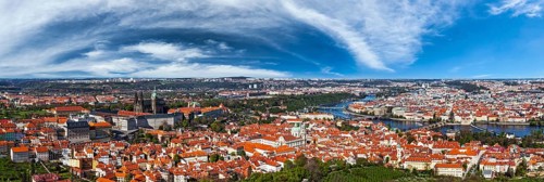 Aerial panorama of Hradchany: the Saint Vitus (St. Vitt's) Cathedral and Prague Castle. Prague,