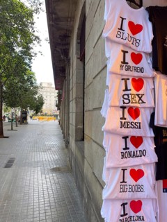 Various I Love T-shirts from a shop on the Ramblas, Barcelona, Spain