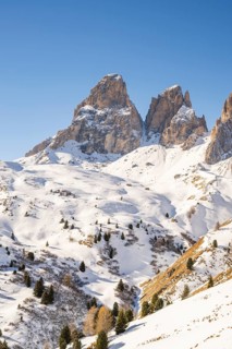 Beautiful landscape of the Mountain silhouettes of the Sexten Dolomites on a sunny winter day,