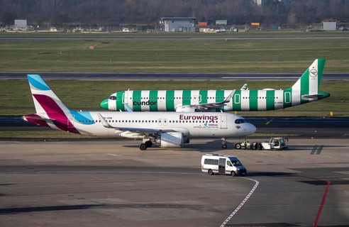 Düsseldorf Airport, Condor and Eurowings aircraft on the apron, taxiway, North Rhine-Westphalia,