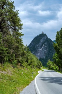 Alpine landscape on the Tyrolean road B 171 with a view of Kronburg Castle near Zams, Tyrol,
