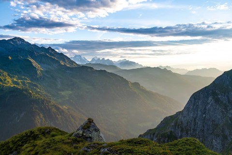 Evening mood in the mountains, view of the Dents-du-Midi mountain range, summit, Chablais Alps,