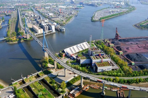 Aerial view of the MV Rugenberger Damm waste incineration plant, Köhlbrand, Köhlbrand Bridge,