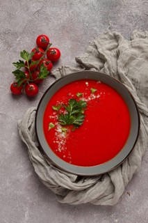 Tomato soup, with herbs and spices, homemade, no people