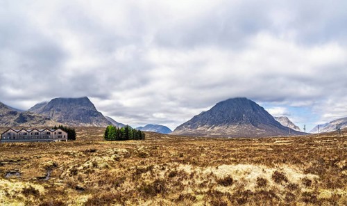Mountains and Moors over Glen Etive Valley, Glencoe, Highlands, Scotland and Buachaille Etive Mòr,