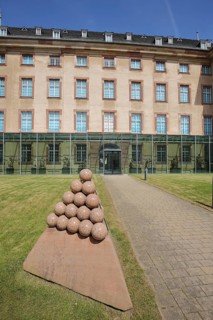 Sculpture with pyramid and sphere in front of the Reiss Engelhorn Museums, Museum, Mannheim, Hesse,