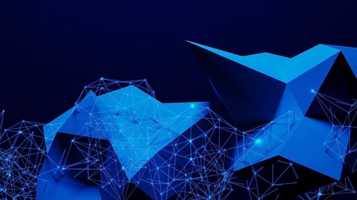 This composition features an intricate design of blue geometric shapes connected by glowing lines,