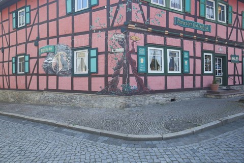 House corner of Pension Wolfshof, historic half-timbered house, brick house, inn, Harzgerode, Harz,